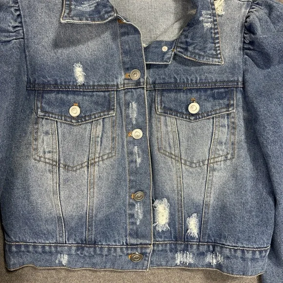 Clara Jayne Jean Jacket Women's M Cropped Ruffled Distressed Denim L/S - Picture 3 of 9